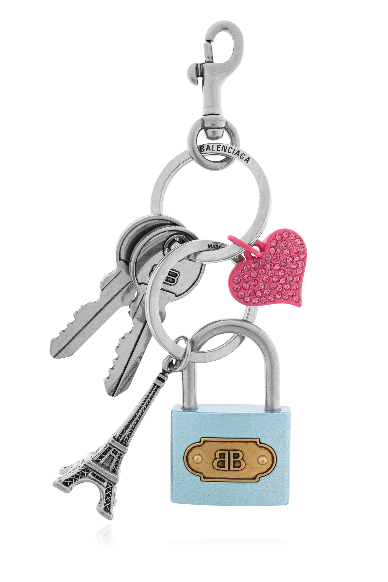 【BALENCIAGA】Lock and Heart Charm Key Ring/全国送料込み Balenciaga Padlock Keyring in Multicolor | FWRD